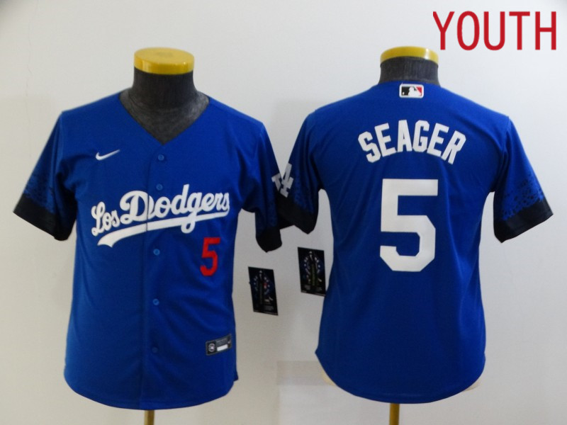 Youth Los Angeles Dodgers 5 Seager Blue City Edition Nike 2021 MLB Jersey